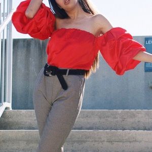 Satin Ruffle Sleeve red crop top